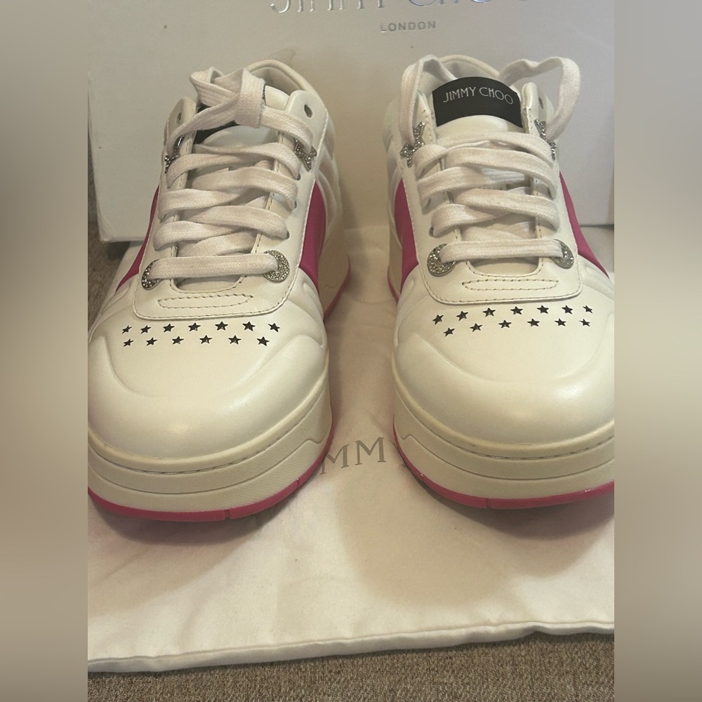 PRISTINE Jimmy Choo Hawaii Leather Stripe Flatform Sneakers - Picture 7 of 12